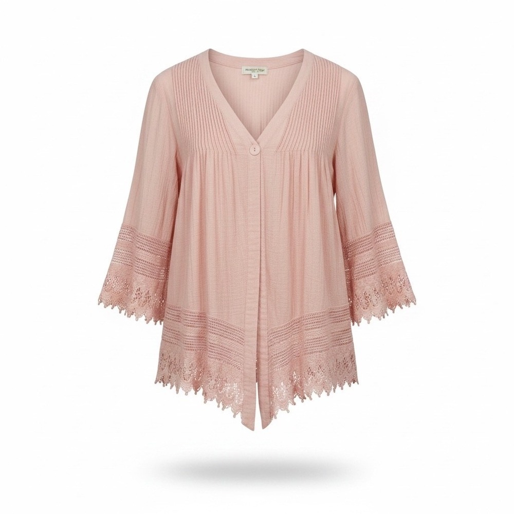 Ivy Jane Pink Cotton Gauze Crochet Lace Trim Pintuck Cardigan Top Womens L